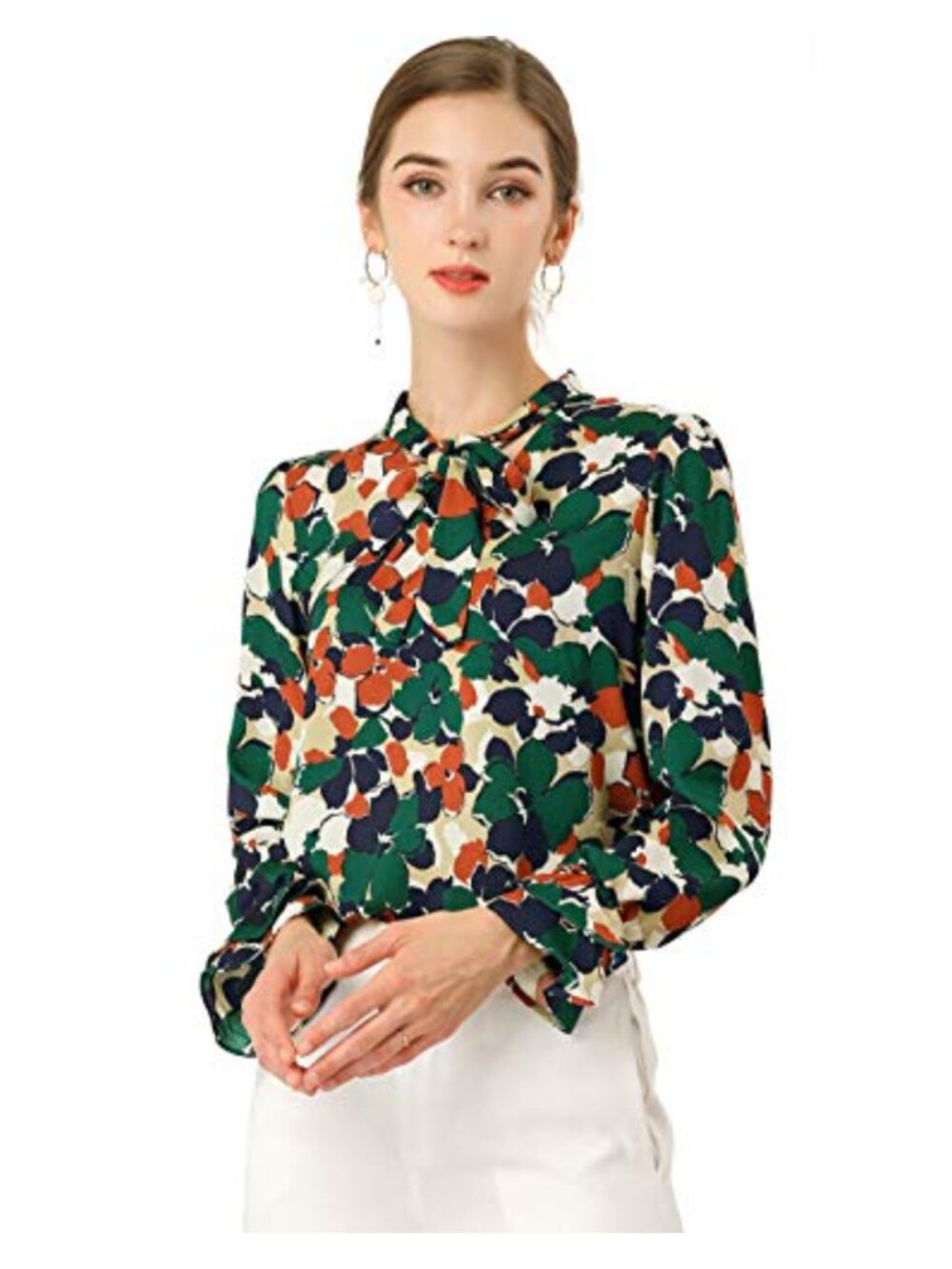 Women's Floral Wrap Blouse Long Sleeve Chiffon Tie Neck Ruffle Dressy Casual